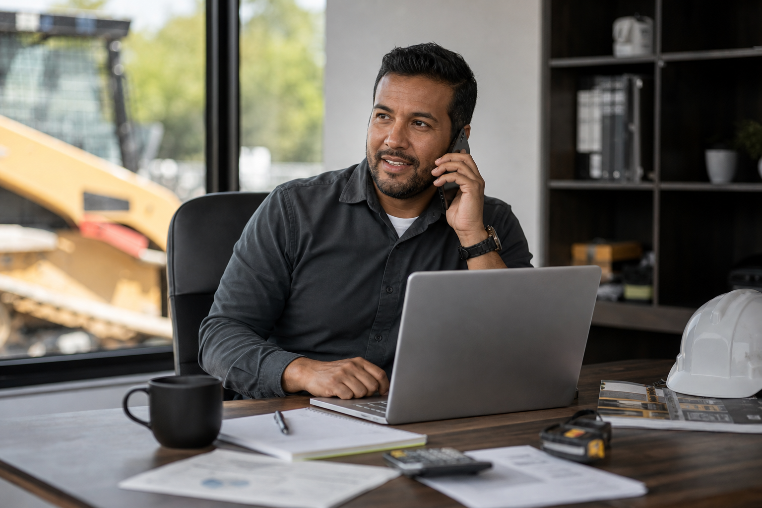 Construction Manager On Phone With Laptop At Cluttered Desk