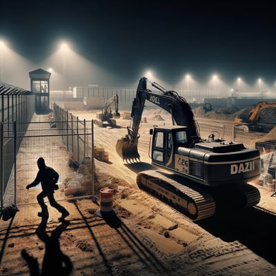 DALL·E 2024-02-02 13.43.50 - A nighttime scene at a construction site where an excavator is being stealthily taken away. The scene is lit by the soft glow of the moon and sparse s