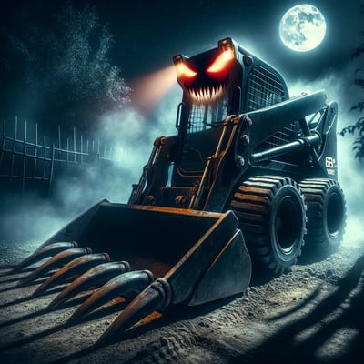 DALL·E 2024-10-28 11.49.16 - A spooky, Halloween-themed image of a skid steer loader with a possessed appearance. The loader has glowing, eerie red eyes on its front, and shadow