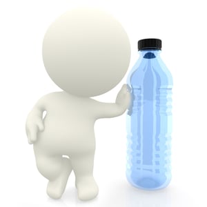 3D man leaning on a bottle isolated over a white background